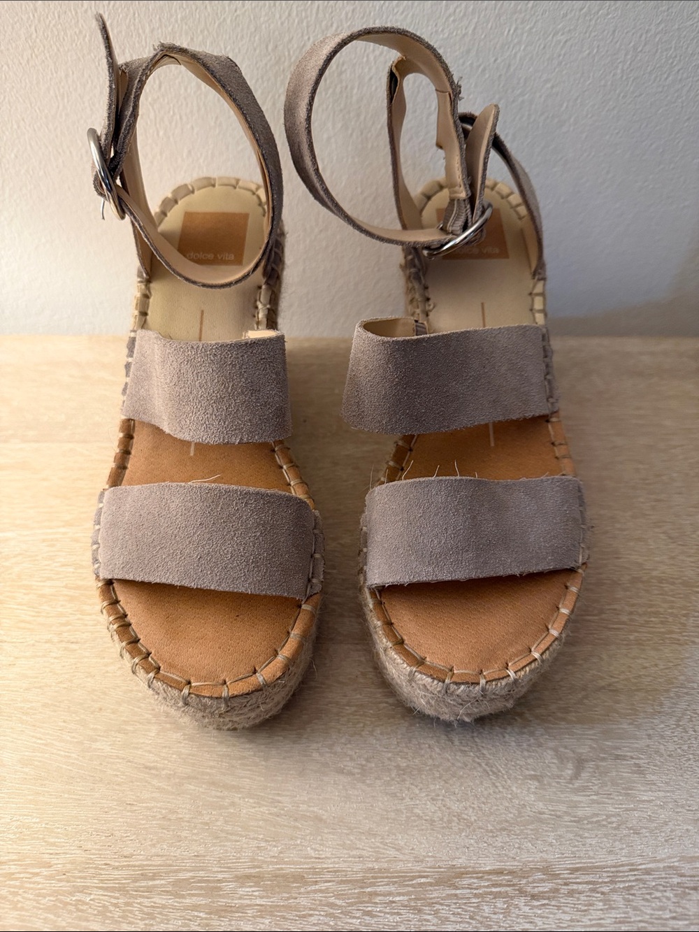 Dolce Vita Taupe Suede Espadrille Wedge Sandals Ankle Strap size 7.5